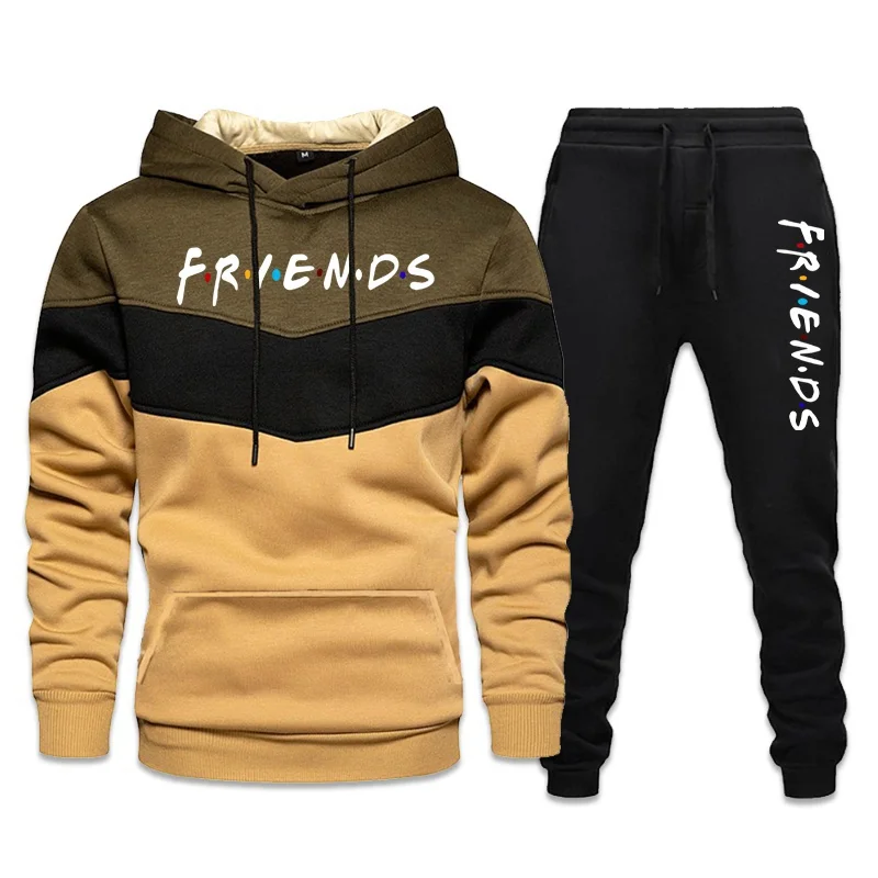 Fashion Friends Print Sport Suits Men's Spring Patchwork Hoodies and Sweatpants 2PCS Outfit Male Outdoors Hoody Tracksuit summer african men clothing suit dashiki male outfits 2pcs set solid color stitching short sleeve top and pants party business