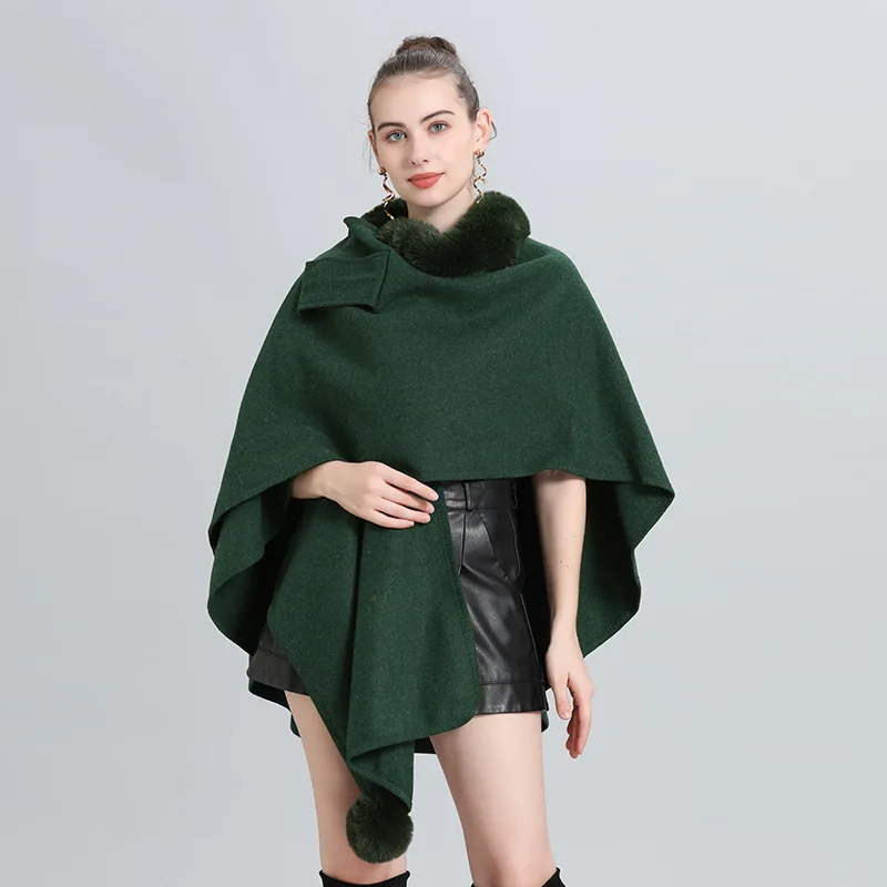 12 Colors Women Big Pendulum Faux Woolen Streetwear Cloak Winter Warm Shawl Cape Thick Fur Neck Criss-Cross Loose Poncho Coat