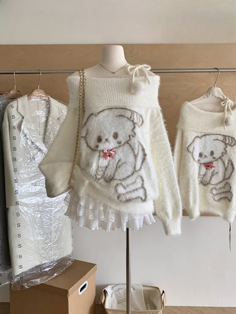 Fall Winter Women Sweet Korean Girl Slash Neck Cuddly Sweater Long Sleeve Pullovers 2000s Aesthetic Mori Girl Cozy Cute Core 1