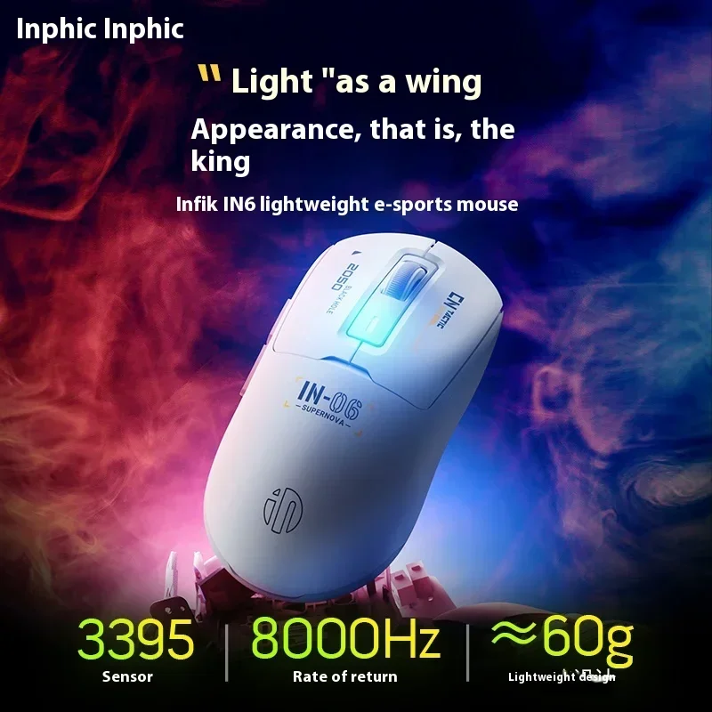 INPHIC In6 무선 마우스, 경량 FPS 저지연 게이밍 마우스, PC 게이머 선물, 8K PAW3395 센서, 3 가지 모드, 500mAh 배터리 수명