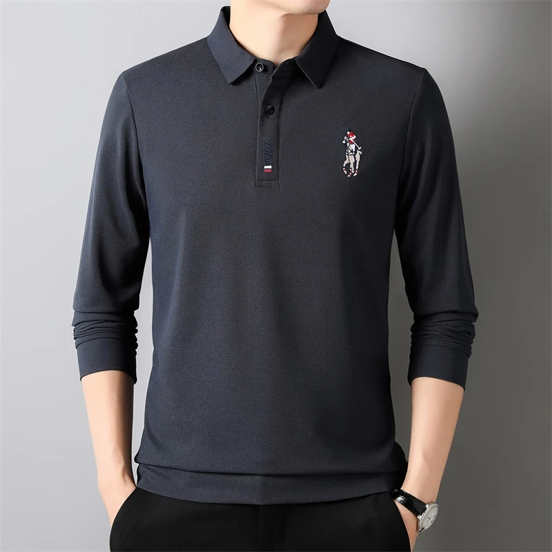 Solid Long Sleeve Cotton Collar with Logo Polo Shirt - Black-S