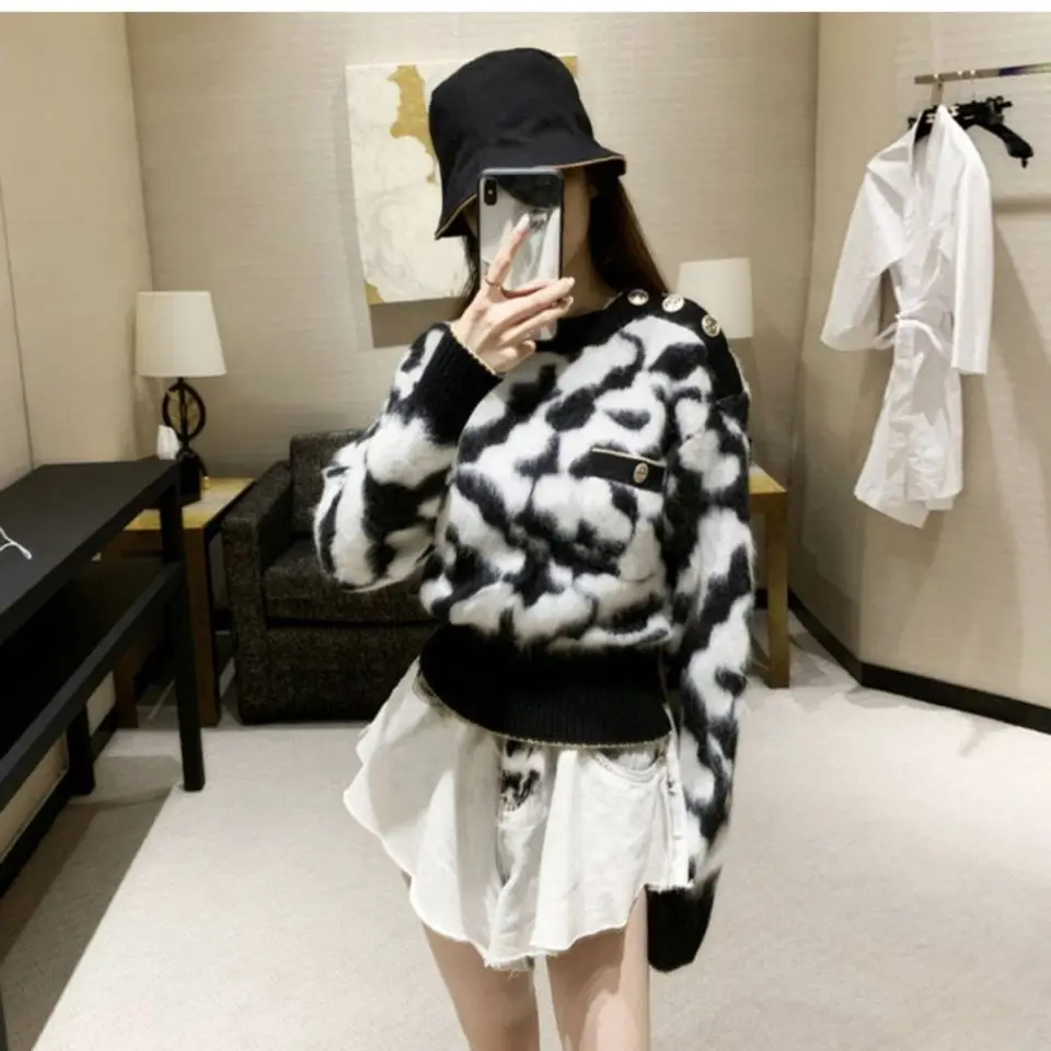 

Women Fashion Harajuku Loose Casual Jumper Tie Dye Sweater Warm Long Sleeve O-Neck Knitwear Oversize Streetwear BF Style New Q52