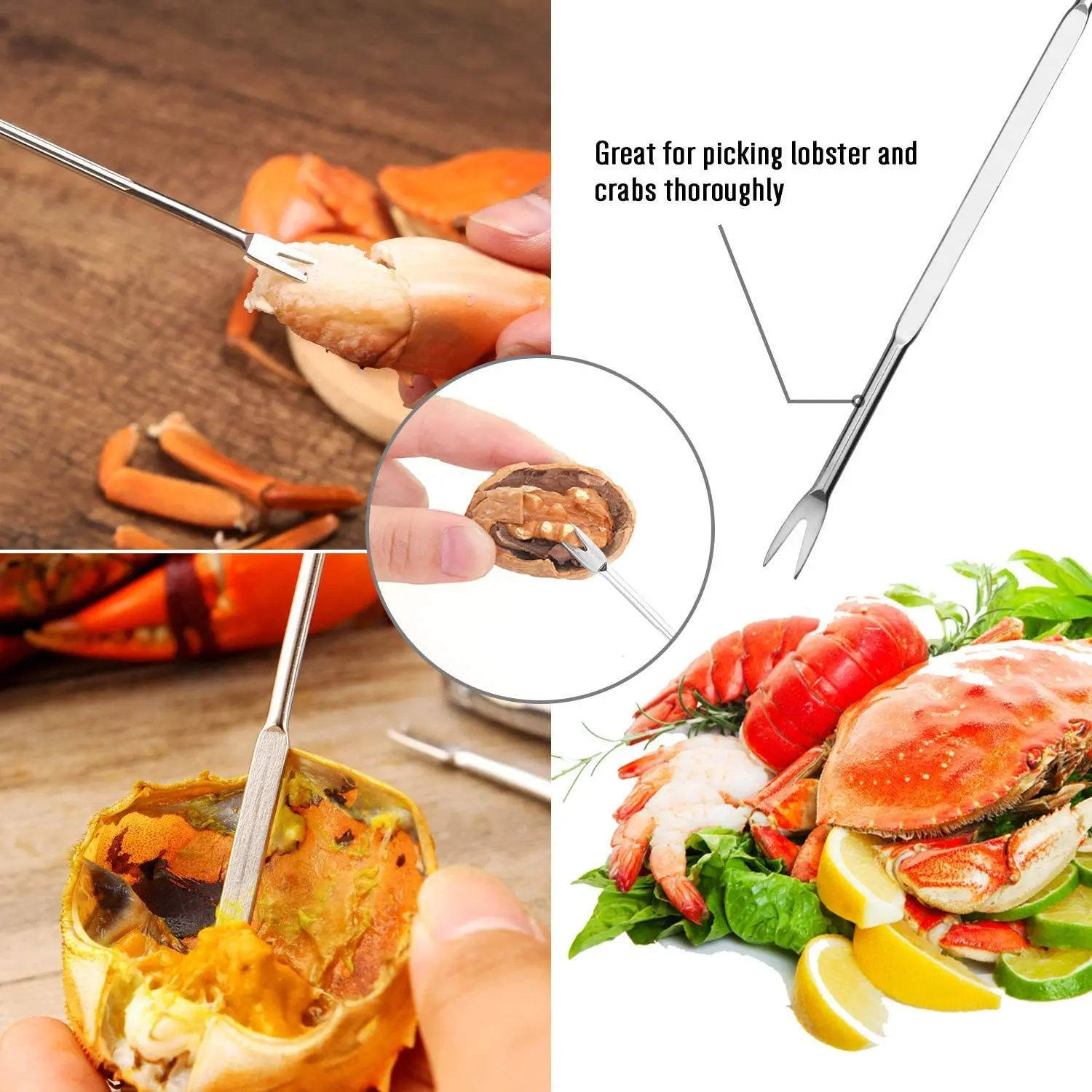 Seafood Tool Kit Stainless Steel Crab Leg Cracker and Forks Nut Cracker Set Shellfish Sheller 8 Piece seafood tool kit