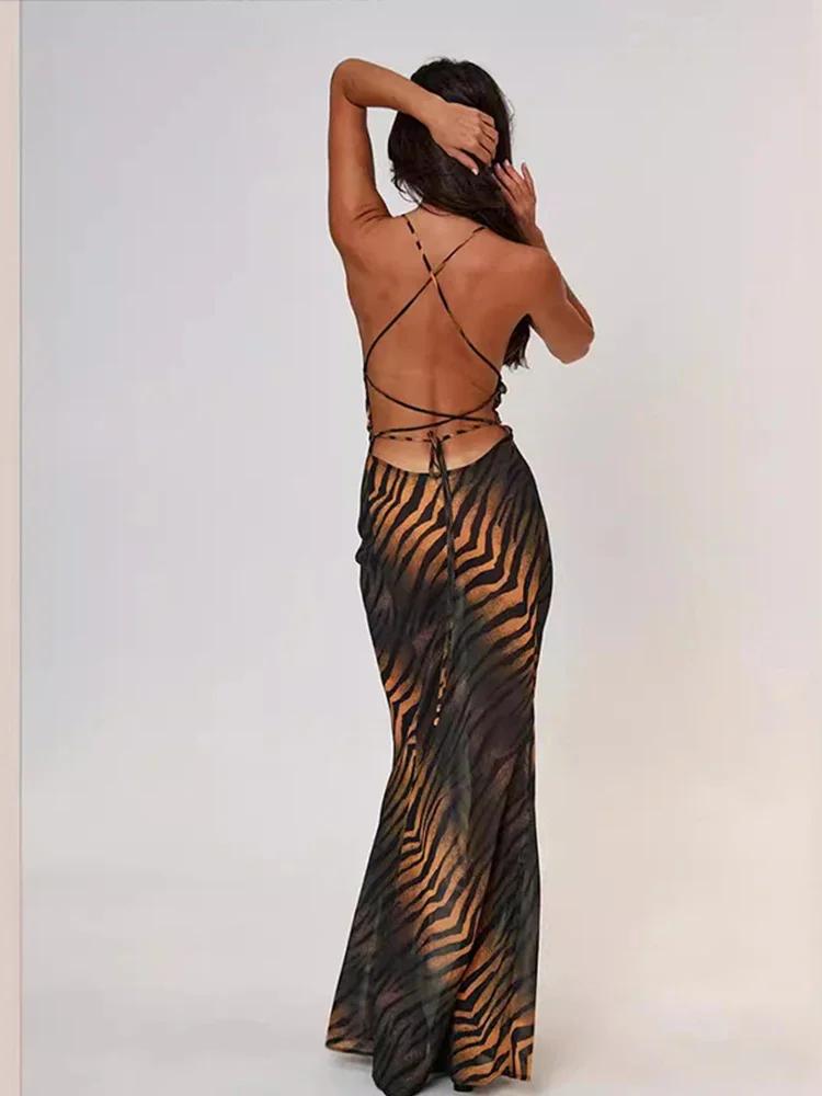 Sexy Print Deep V-neck Long Dress For Women Lace Up Backless Sleeveless Slim Straps Fashion Summer Dresses 2024 Evening Robe