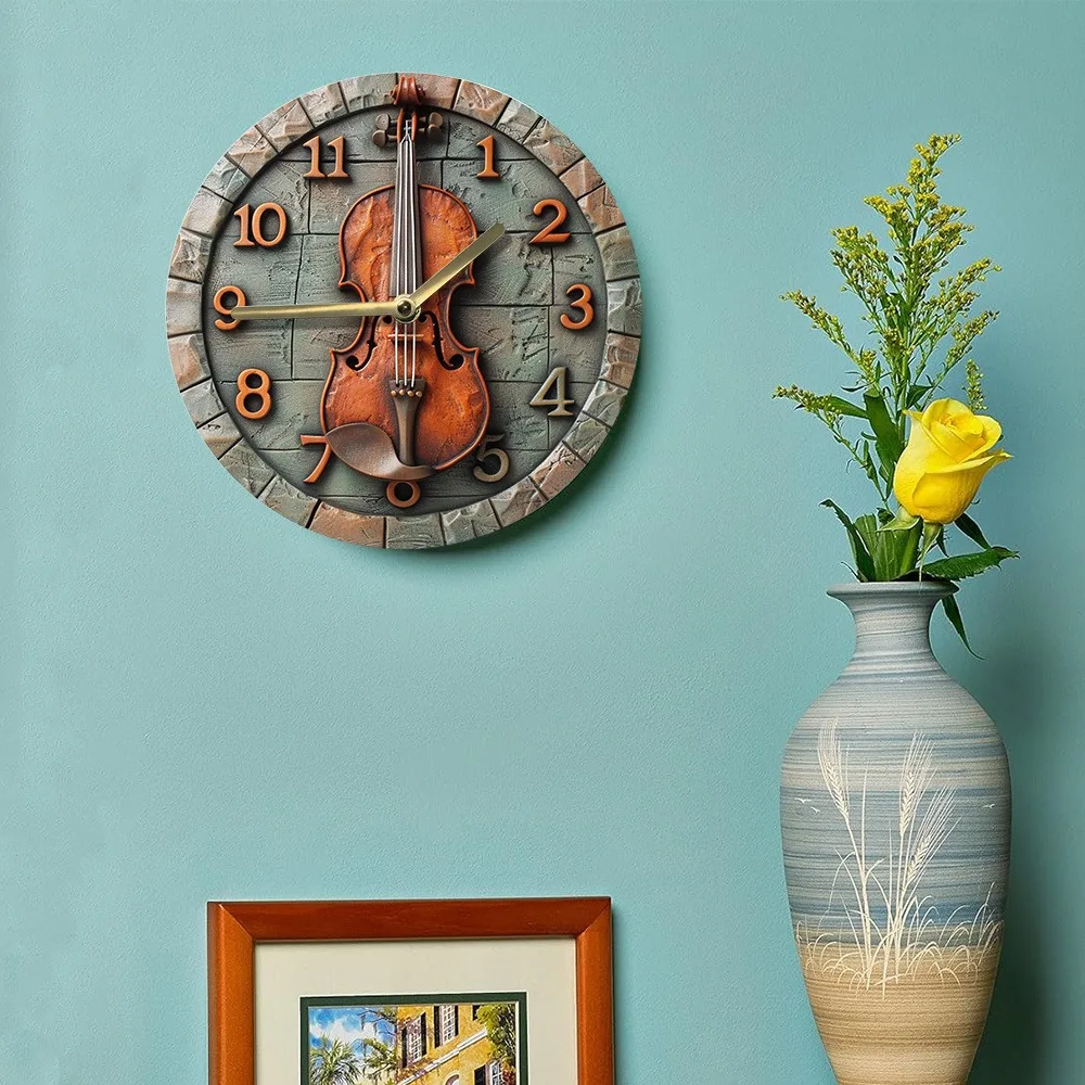 Wooden Wall Clock with Violin Design, Ideal for Home & Office Decoration, Requires AA Batteries 6