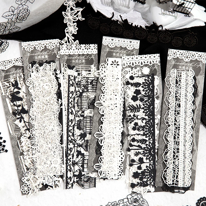 

10 pieces Material paper hollowed out lace black and white flowers butterfly handbags decorative materials Memo Pad 6 kinds