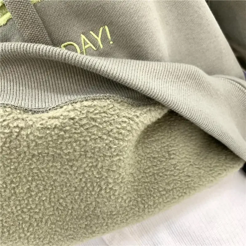 Letter Embroidered Sweatshirt Patchwork Oversize Women Winter Casual Loose Cotton Thick Plus Velvet Long Sleeve Green Hoodies
