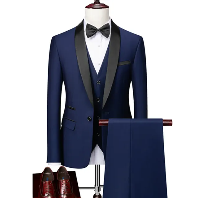 Men Skinny 3 Pieces Set Formal Slim Fit Tuxedo Prom Suit / Male Groom Wedding Blazers High Quality Dress Jacket Coat Pants Vest - 3 Pcs set Navy, Asian 6XL is US 3XL