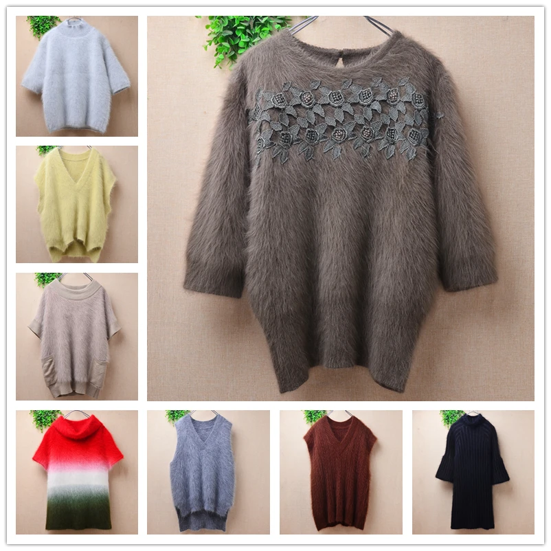 04 숙녀 여성 빈티지 가을 겨울 털이 앙고라 토끼 머리 니트 반팔 o 넥 슬림 블..