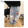 Korean Ins Fashion Cartoon Print Wide-leg Pants Trendy Hot Girl Y2K High-waisted Slim Straight Pants Goth Ripped Jeans for Women 2