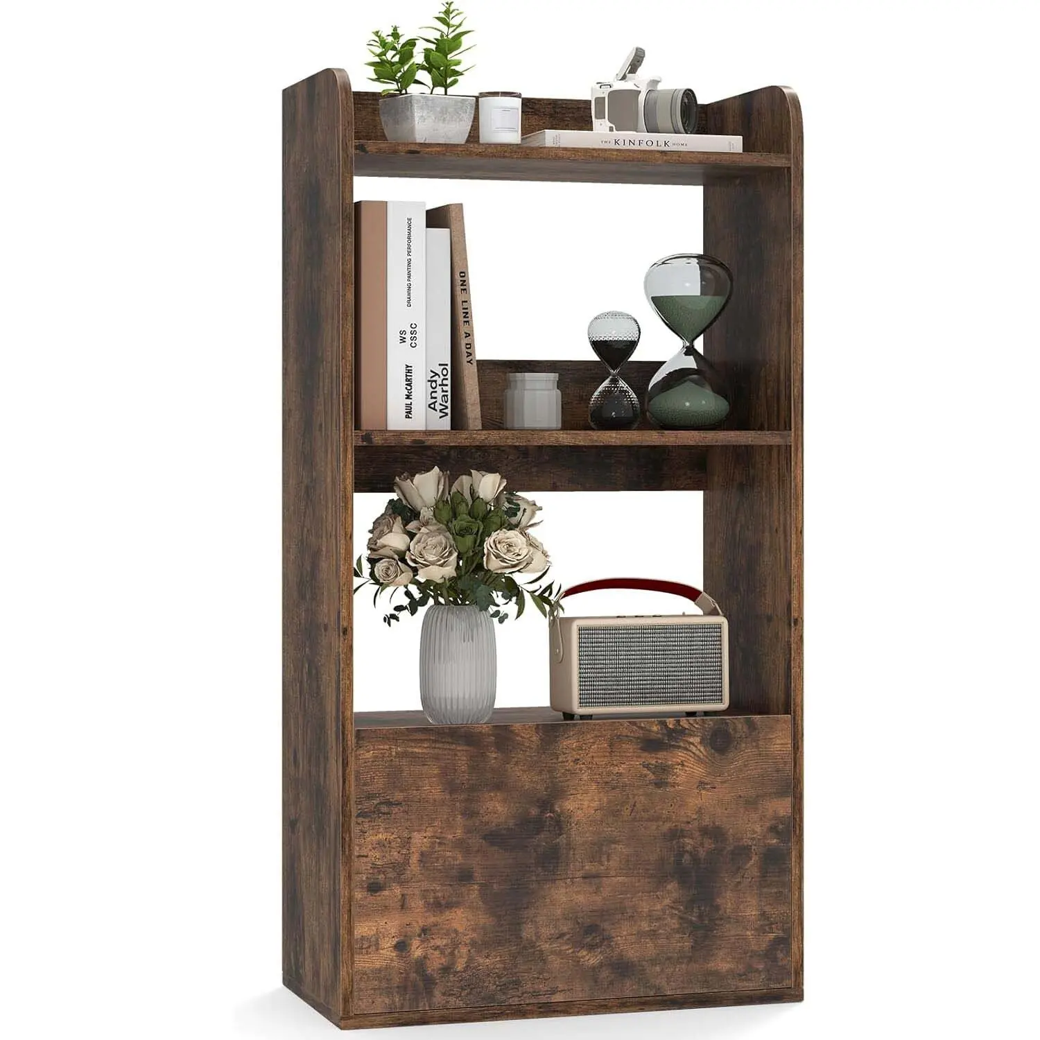 Bookcase with Drawer, Standing Shelf with 2 Compartments,Storage Shelf for Living Room, Bedroom, 55 x 29 x 105 cm (Rustic Brown)