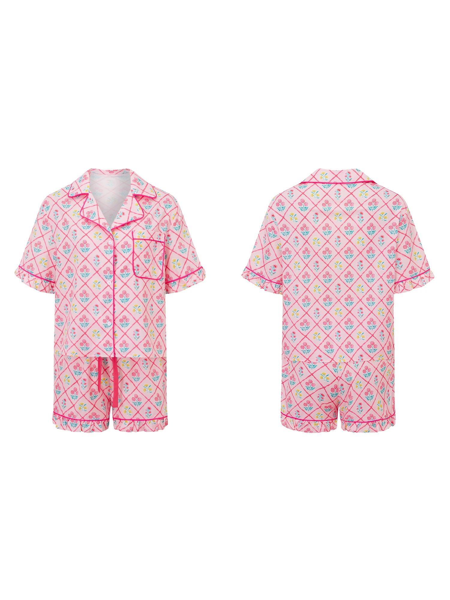 Women s Cozy Lounge Set with Tropical Print Short Sleeve Button Up Shirt and Matching Ruffled Shorts for Summer Relaxation