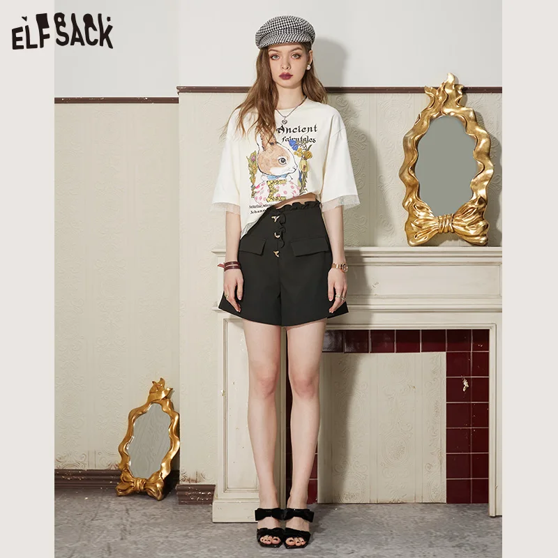 ELFSACK Black Ruffles High Waist Shorts Woman 2023 Spring/Summer New Casual Daily Bottoms