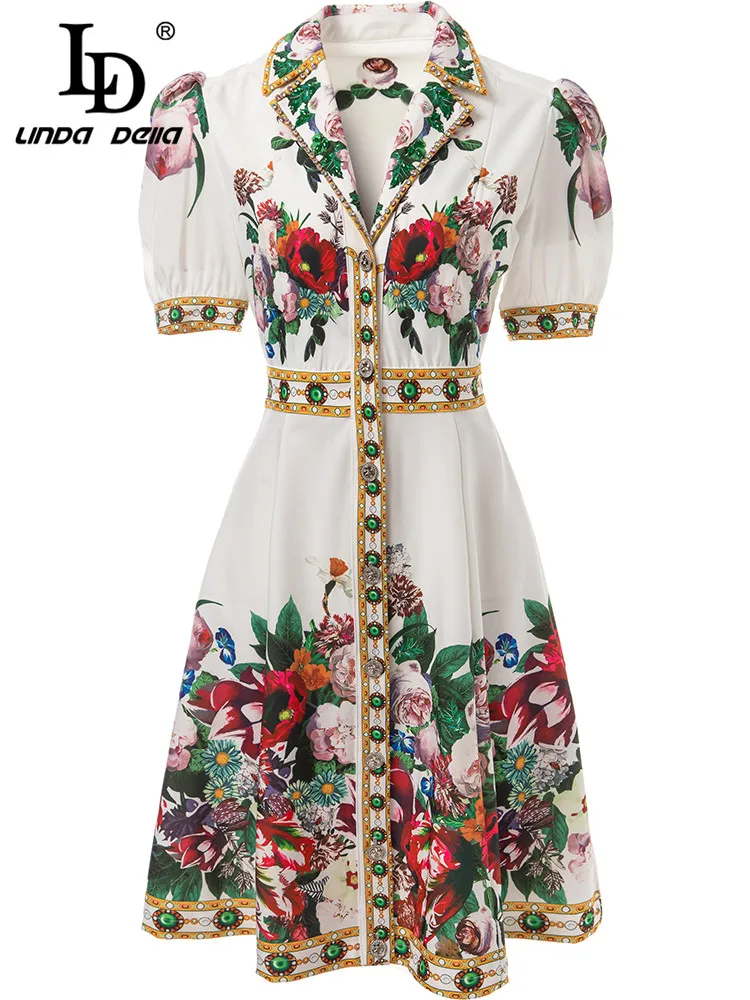 LD LINDA DELLA 2023 New Fashion Designer Summer Mini Dress Women Short sleeve Luxury Diamond Beading Flower Print Short Dress