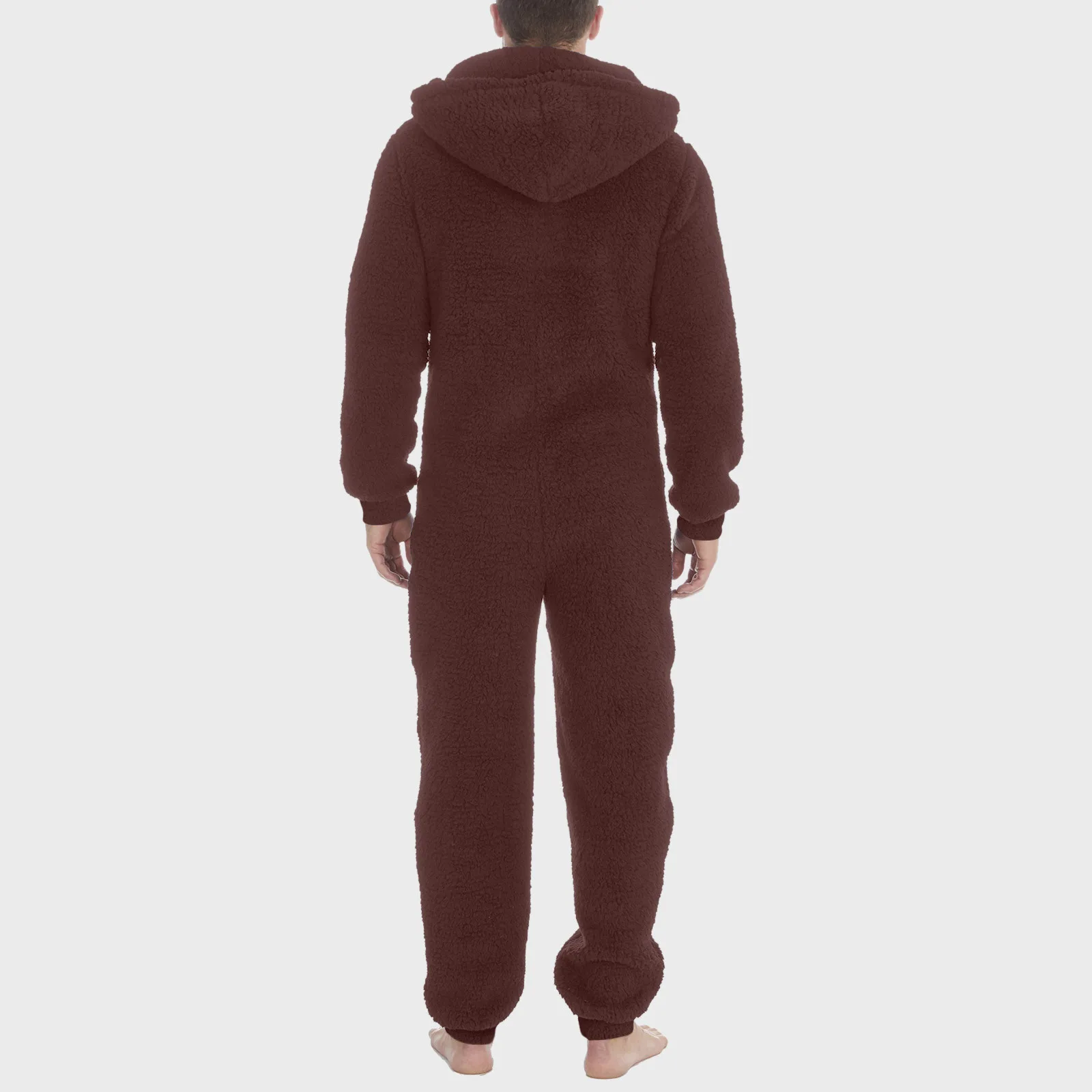 Men Artificial Wool Long Sleeve Casual Solid Color Zipper Loose Hooded Jumpsuit Pajamas Winter Warm Fleece Wear 1 Piece Suit men bodysuits men jumpsuits