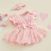 3D Flower Summer Baby Girls Romper Princess Mesh Newborn Clothes Lace Patchwork Ruffle Bodysuit Dress Headband Kids Clothing 1