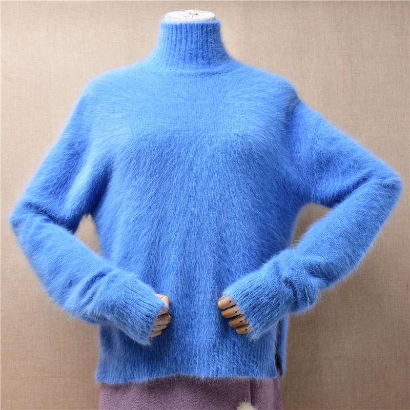 

Ladies Women Fall Winter Clothing Blue Hairy Mink Cashmere Knitted Turtleneck Split Loose Pullover Jumper Angora Fur Sweater Top