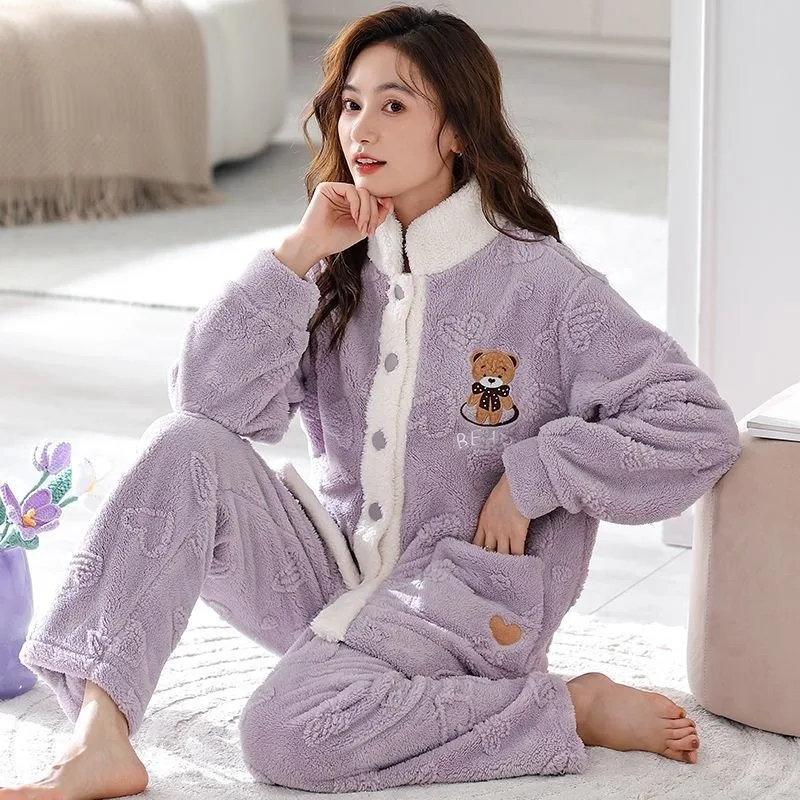 2024 New Youth Flannel Pajamas Women's Coral Velvet Sweet Sleepwear Suit Girls Autumn Winter Thick Loungewear Set Leisure Nighty loose striped fashion long sleeved pajamas flannel rainbow thick thick thick pajamas autumn and winter new cute sweet pajamas