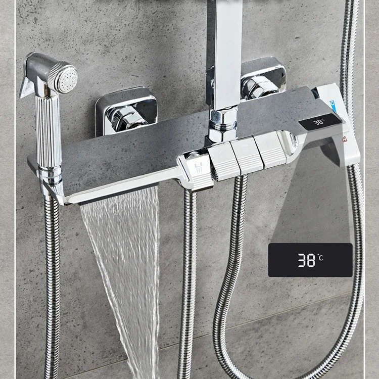Chrome Piano Shower Set Wall Mounted Brass Hot Cold Bathroom Faucets Tap Luxury Smart Thermostatic Digital Bath Shower System 2