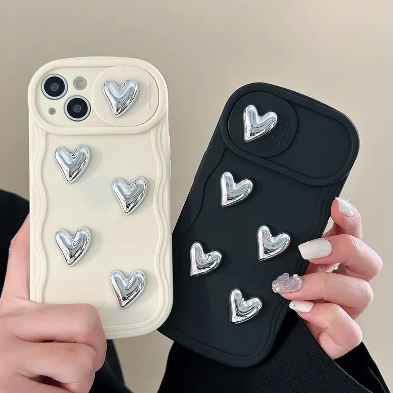 Cute Push Pull Lens Protection Silvery Heart Girl Phone Cover Case For Iphone 15 14 13 12 11 Pro Max Anti-fall Soft Coque Fundas