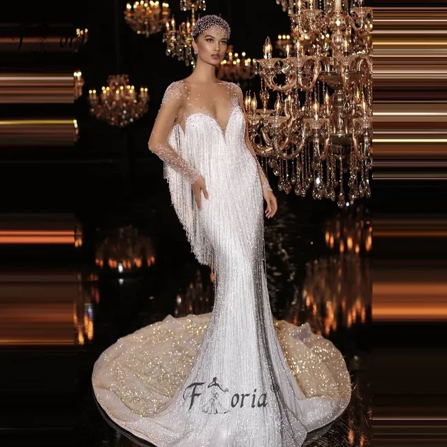 Gorgeous full beadings tassels white wedding dress sheer long sleeves crystal bridal gown glitter celebrity pageant