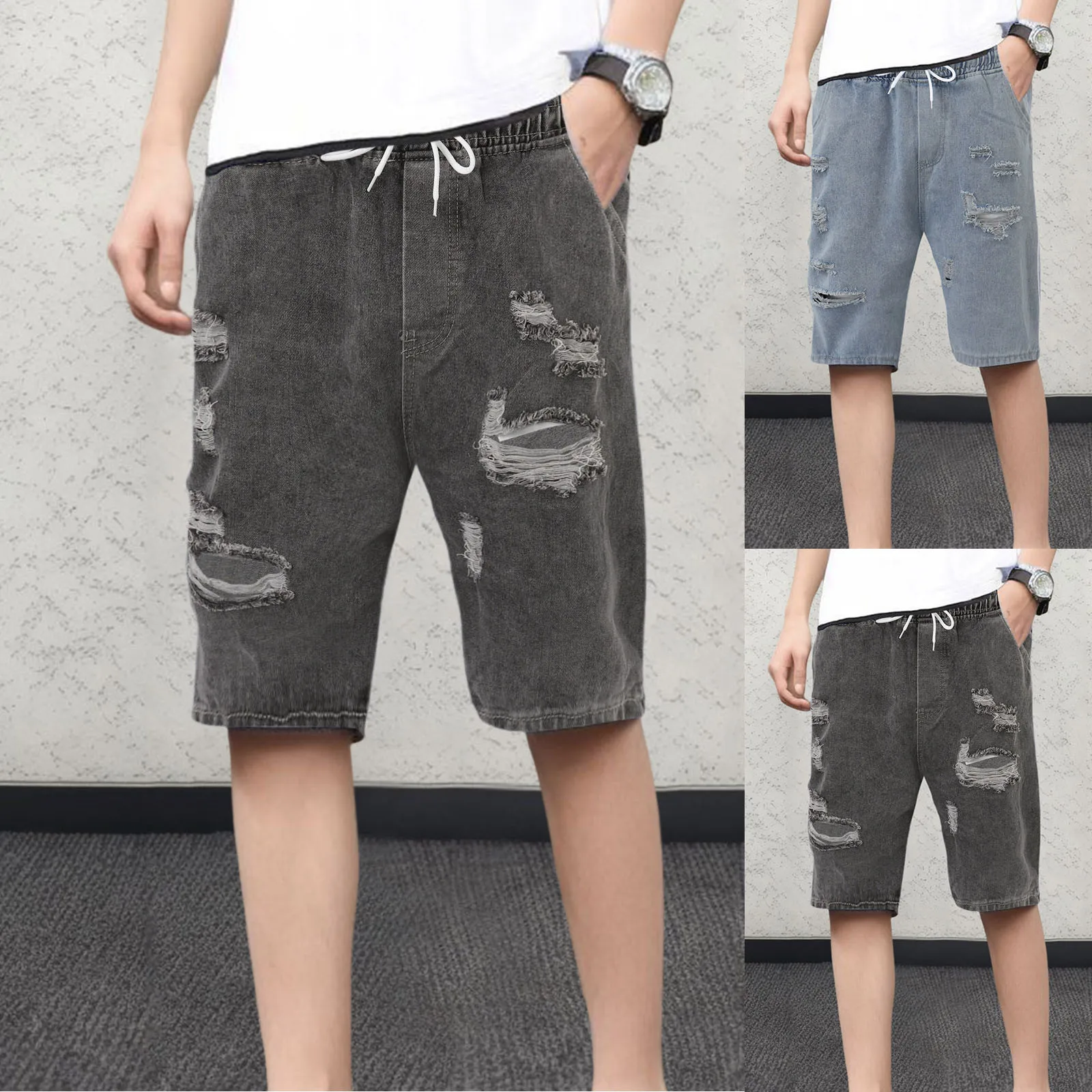 

Mens Summer Casual Fashion Loose Ripped Cargo Denim Quarter Shorts M Apparel 1 Apparel Size 1 Open Toe