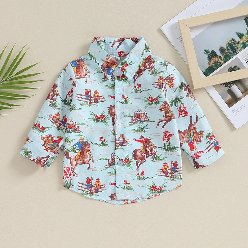 Western Baby Boy Long Sleeve Button Down Shirt Cow Cartoon Print Lapel Neck Country Cowboy Dress Shirt Top Fall Clothes