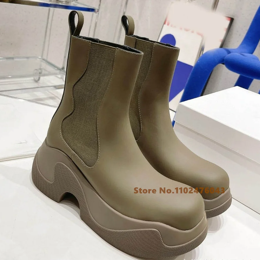 

New Rain Boots Women Round Toe Thick Sole Elastic Cake Height Increasing Wave Boots Slip On Solid Color Platform Mid Calf Boots