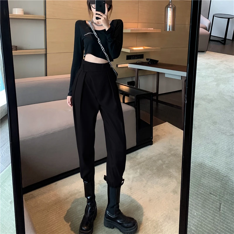 Women Leisure High Waist Pants Fashion Loose Style Fit Slim Legs Suit Trousers Female Fall Spring All-Match Harlan Pencil Pants