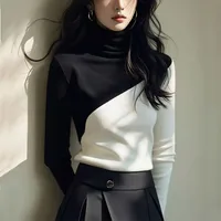 Black White Panelled Long Sleeve T-shirt Autumn Winter Slim Casual Turtleneck Comfortable Office Lady All-match Women Basic Tops - Image 2