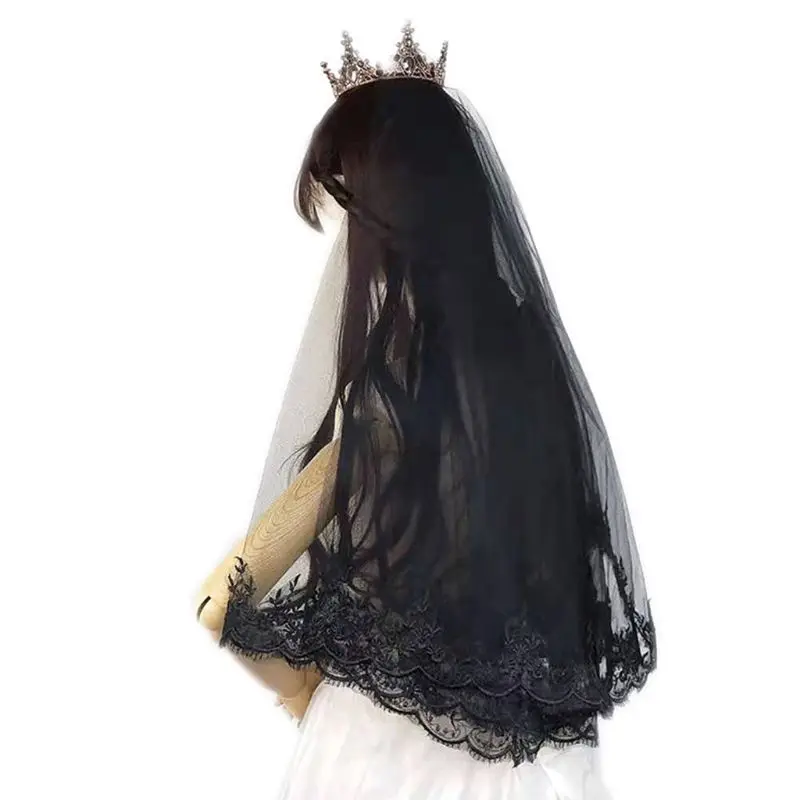 Single Layer Women Girls Cover Face Mantilla Black Wedding Veil Embroidery Eyela