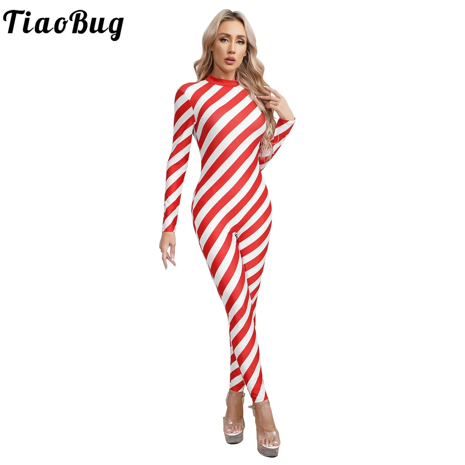 

Womens Red Candy Cane Striped One-piece Bodysuit Jumpsuit Ballet Dance Gymnastics Leotard Catsuit Long Sleeve Zipper Unitard