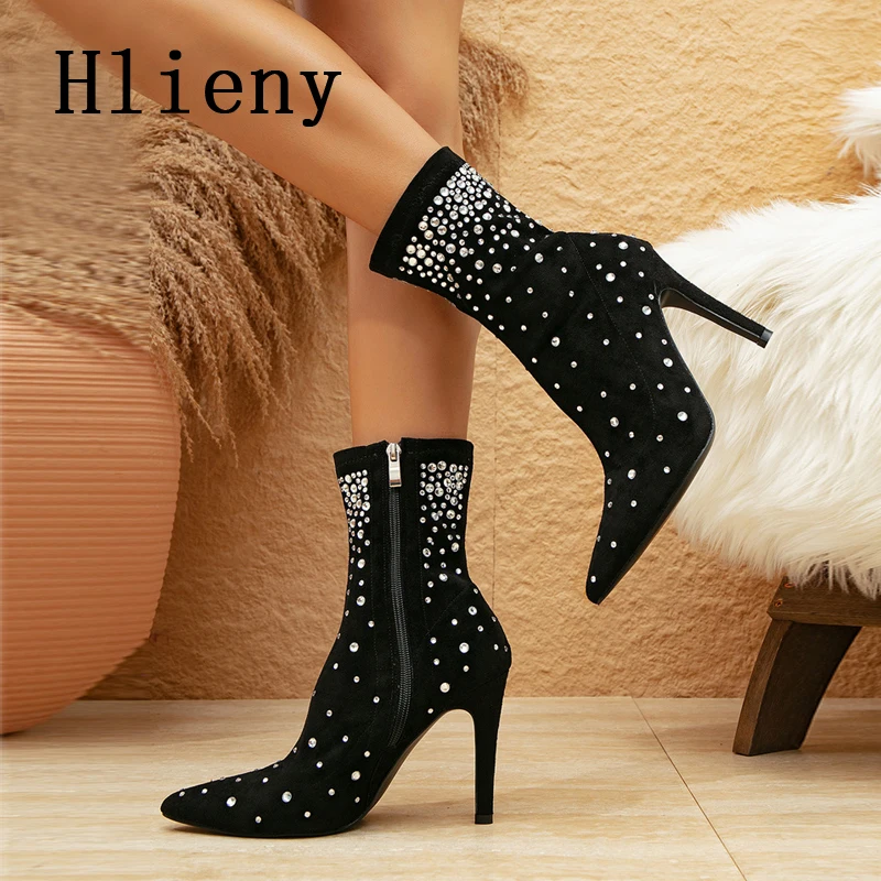 

Hlieny Fashion Runway Crystal Rhinestone Woman Ankle Sock Boots Zip Thin High Heels Pointed Toe Pole Dance Female Shoes