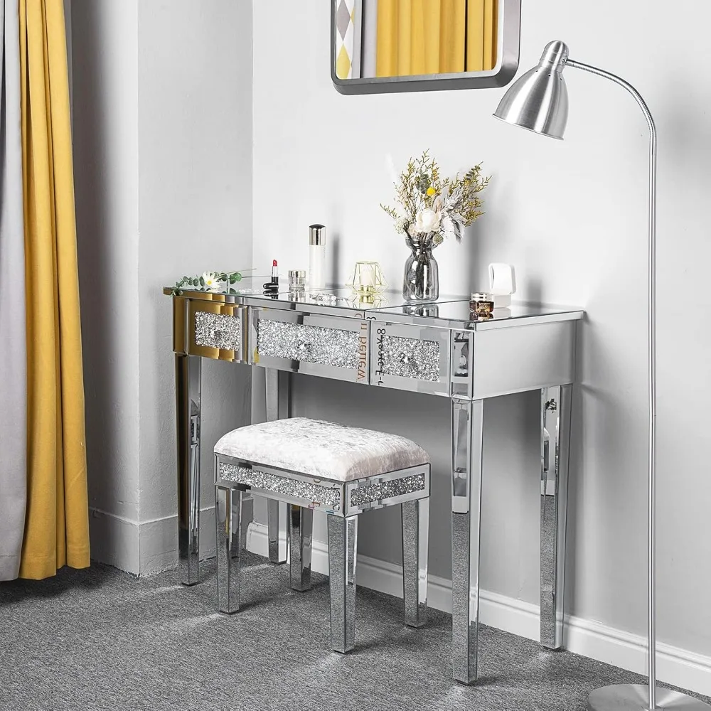 Mirrored Vanity Desk With Drawers and Flip Mirror, Glass Table, Silver Makeup Desk for Bedroom/Makeup Room