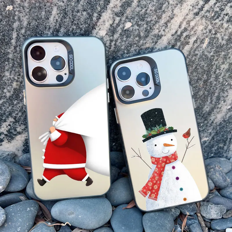 Cartoon Weihnachtsmann Elch Schneemann Weihnachtsbaum Handyhülle für iPhone 13 12 11 Mini Pro Max 17 16 15 14 Pro Max Plus Laser-Cover
