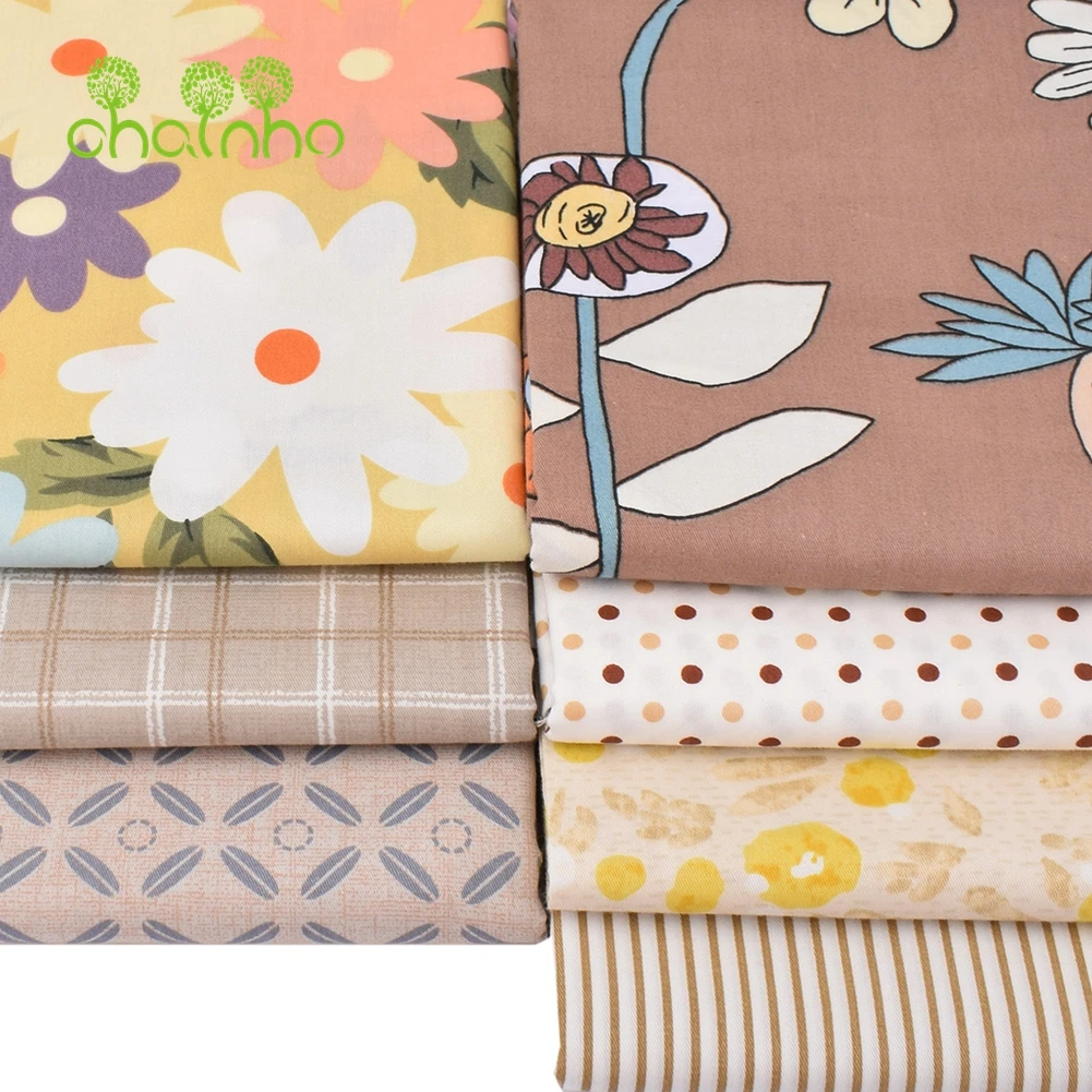 Chainho,Printed Twill Weave Cotton Fabric,DIY Sewing Quilting Material,Patchwork Cloth,Brown Floral Series,2 Sizes,15C255