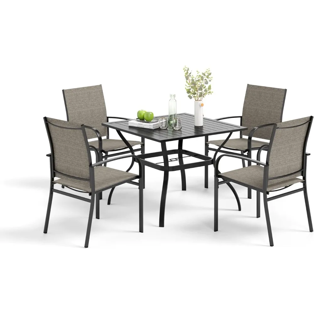 

Outdoor Table and Chairs Set, 4 Brown and 37" Square Metal Umbrella, Outdoor Table and Chairs Set