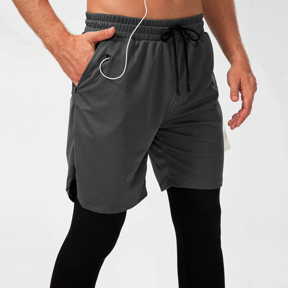 Men's camouflage sports pants fake two-piece double-layer multi pocket high elasticity quick drying sweat wicking fitness pants