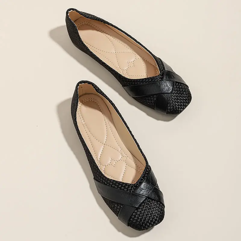 2024 Four Seasons New Soft Sole Soft Leather Splicing Square Head Breathable Elegant Ladies Shallow Mouth Casual Flat Shoes