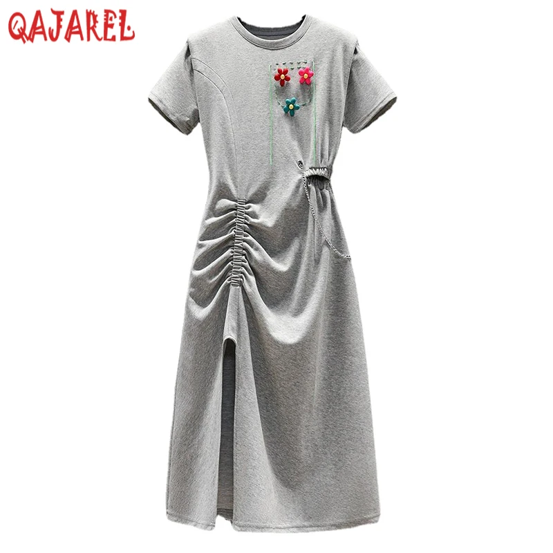 

Women Black Knitted Cotton Midi Pleated Dress Summer Fashion Appliques Pleated Dress 2024 Korean Vintage Hepburn Casaul Vestidos