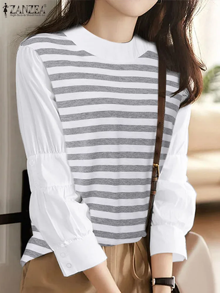 

Весна 2024, повседневная женская блузка ZANZEA, Модные полосатые топы в стиле пэчворк с круглым вырезом, рубашка, блузы с длинным рукавом, корейские офисные туники