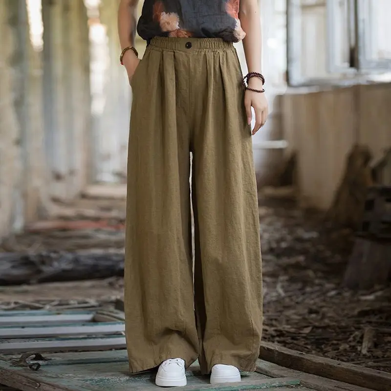 2024 Summer New Art Retro Pants Women's Solid Cotton Hemp High Waist Folds Pocket Button Loose Straight Casual Wide Leg Trousers