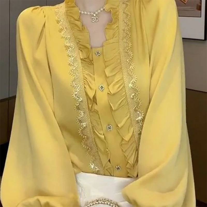 

Женская кружевная рубашка с оборками, элегантный кардиган с длинным рукавом, блузка составного кроя размера 5XL на весну и осень