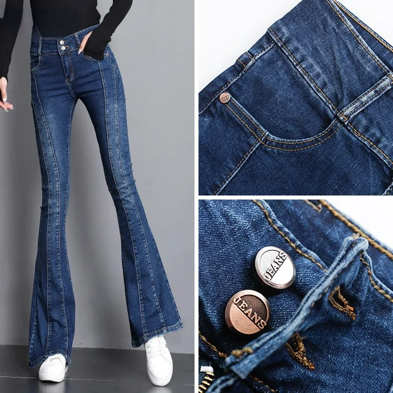 New Streetwear Patchwork Skinny Flare Jeans Vintage Stretch Denim Bell Bottom Pants Women Fashion Cowboy Mopping Trousers