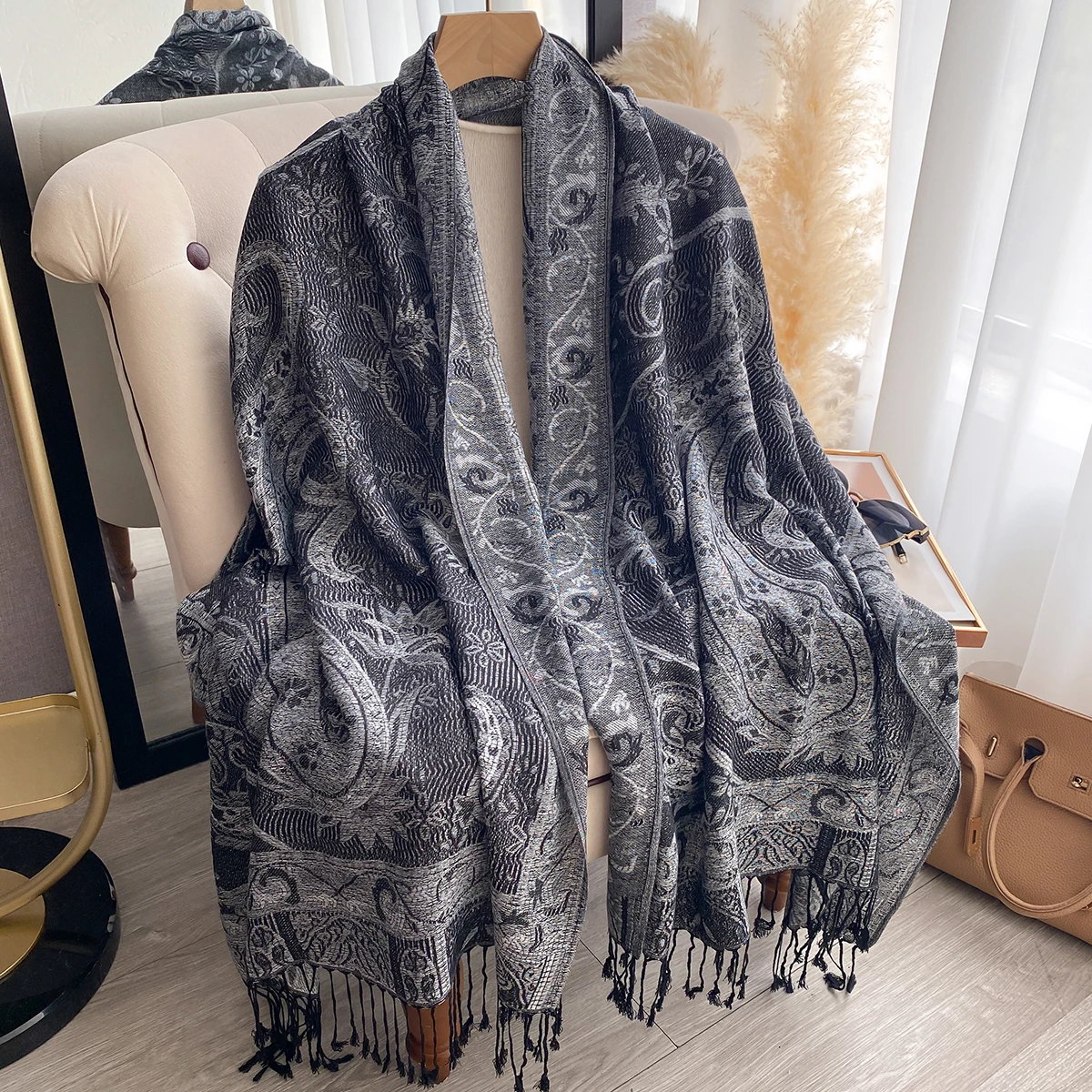 Luxury Women's Winter Cashmere Scarf - Printed Tasseled Shawl, Embroidered Chunky Headscarf & Elegant Pareo Cape