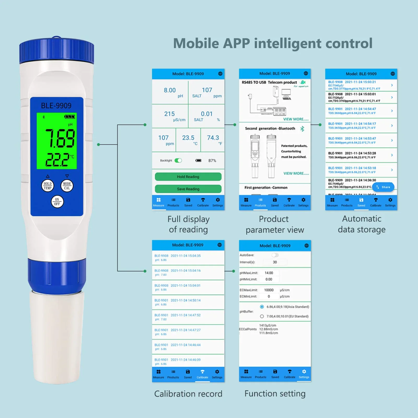 5 in 1 PH/TDS/EC/Salinity/Temp Meter with ATC, Smart Bluetooth PH Tester for Pools, Seawater, Aquariums, Koi Fish Pond