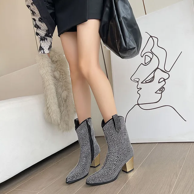 FEDONAS Newest Women Mid-Calf Boots Rhinestone Cow Suede Leather Thick Heels Party Wedding Night Club Shoes Woman Autumn Winter 4