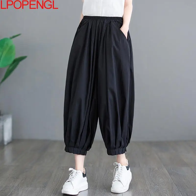 Women's Pants Loose Solid Elastic Waist Pocket Harem Pants Cotton Linen  Vintage Boho Beach Trousers High Waist Haren Pants Women