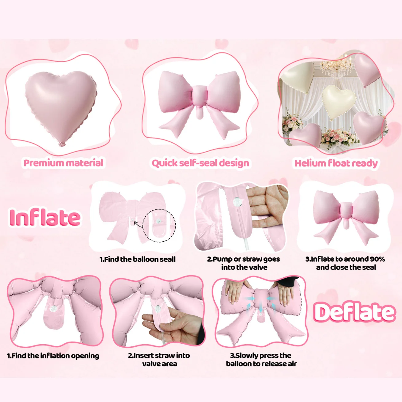 20 Stück cremefarbene Herz- und Schleifenballons, rosa/rot/weiß, für Mädchen, Frauen, Geburtstag, Valentinstag, Verlobungsfeier – Detail 2