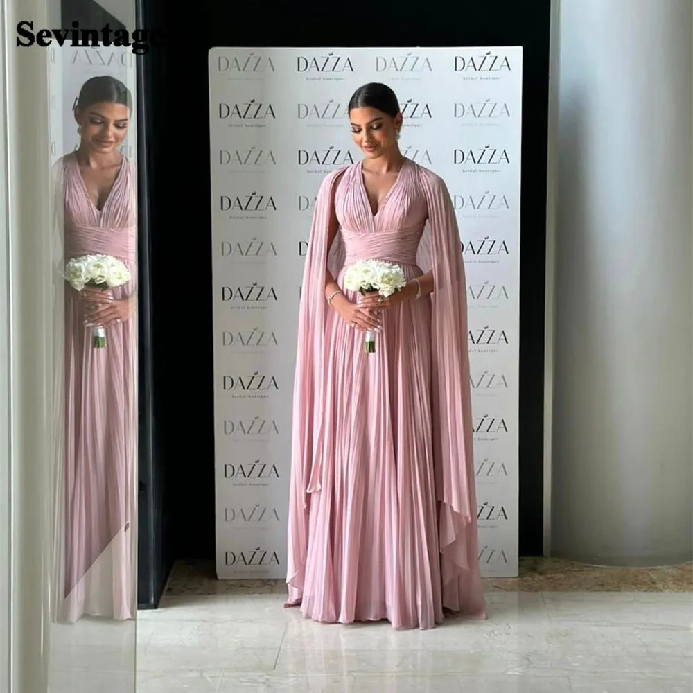 

Sevintage Elegant Arabia Pink Chiffon Prom Dresses V-Neck Pleaed Long Cap Sleeve Floor Length Party Grown فساتين للحفلات الراقصة